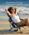 Woman relaxing on Low Profile Camping Beach Chair With Cup Holder, Storage Pocket, Breeze Mesh Back, Padded Armrests on beach.