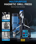 Beast Mode Magnetic Drill Press With 6 Drill Bits, 1550W Copper Motor, side view showing control panel and drilling functions.