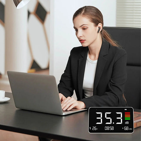 3 In 1 Decibel Meter With Temperature And Humidity, Rechargeable dB Meter With LCD Screen For Real Time Noise Levels, Humidity And Temp Readouts, Ideal For Home, Studio, Or Office Noise Control in office on laptop
