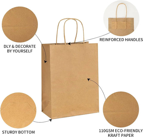 Brown Kraft Gift Bags With Handles 5x3x8.25 Inches Bulk Pack 750 Small Paper Bags for Gifting, showing sturdy and eco-friendly design.