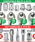 Image showing compatible and incompatible nuts for 5 Piece Lug Nut Removal Tool Set For Damaged Nuts And Bolts In 17mm 19mm 21mm 22mm Sizes