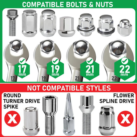 Image showing compatible and incompatible nuts for 5 Piece Lug Nut Removal Tool Set For Damaged Nuts And Bolts In 17mm 19mm 21mm 22mm Sizes