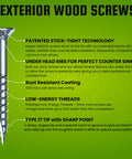 Built Tough Size 12 Eight Inch Exterior Wood Screws Rust Resistant Carbon Steel Fasteners with features and specifications diagram.