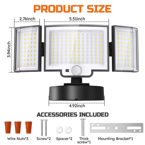 LED Motion Sensor Security Flood Lights With Remote Control, Daylight 6500K 20W 3000 Lumens, Dusk to Dawn Outdoor Floodlight, Waterproof 3 Head, Hardwired for Driveway Garage Porch with dimensions and accessories.