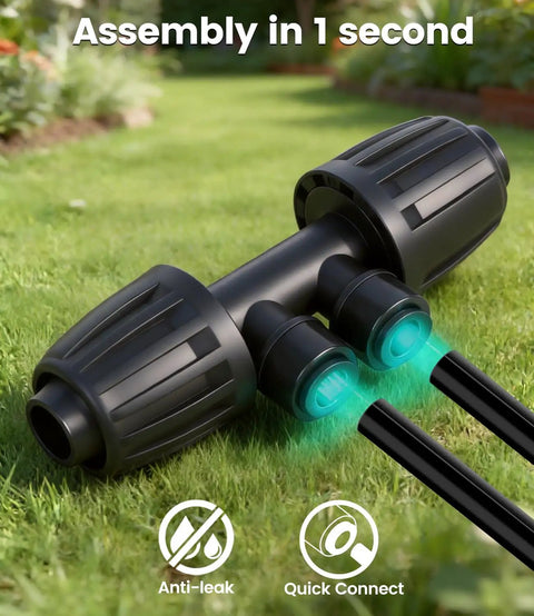 Quick connect fittings of 250 Ft Drip Irrigation Kit With Half Inch Tubing And Quarter Inch Dripline Plus Quick Connect Fittings