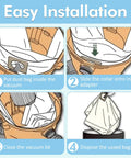 Diagram showing easy installation of 15 Pack Vacuum Bags For 5 To 8 Gallon Vacuums Type E 90661 9066133 Type H 90671 9067133 Type U 90304