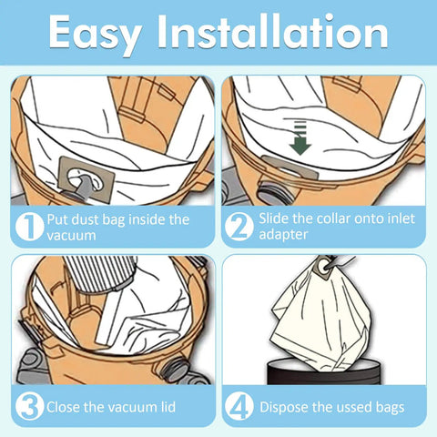 Diagram showing easy installation of 15 Pack Vacuum Bags For 5 To 8 Gallon Vacuums Type E 90661 9066133 Type H 90671 9067133 Type U 90304