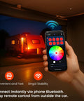Hand holding smartphone controlling 8 Gang Bluetooth RGB Switch Panel With Toggle Momentary Flash Strobe And Memory Function