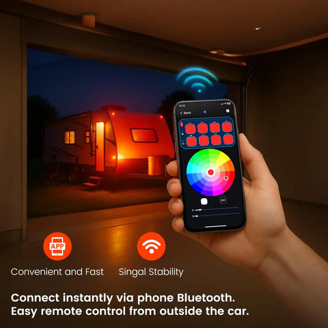 Hand holding smartphone controlling 8 Gang Bluetooth RGB Switch Panel With Toggle Momentary Flash Strobe And Memory Function