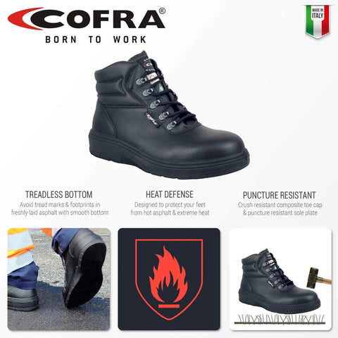 Heat Resistant Asphalt Work Shoes With Composite Safety Toe Breathable Weatherproof Leather Upper And Heat Defender Nitrile Rubber Outsole Black shown upright on display