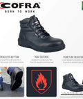 Leather work boot for asphalt ready jobs with composite safety toe and heat defender nitrile rubber outsole on white background.