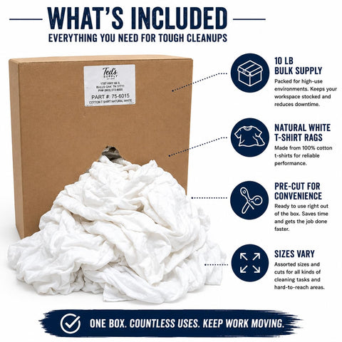 White T Shirt Rags 10 Lb Bulk Box Recycled Knit Cotton for Automotive Maintenance Industrial Cleaning