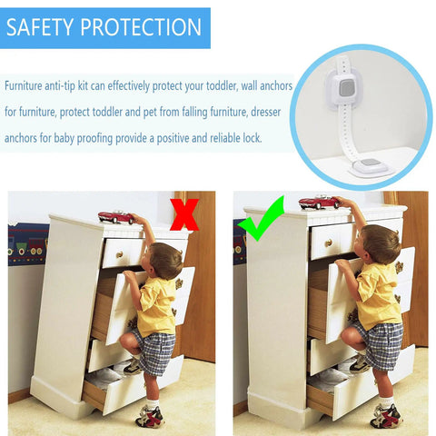 Upgraded No Drill Furniture Wall Anchors For Baby Proofing And Child Safety in use preventing furniture tip-over, 4 Pack shown