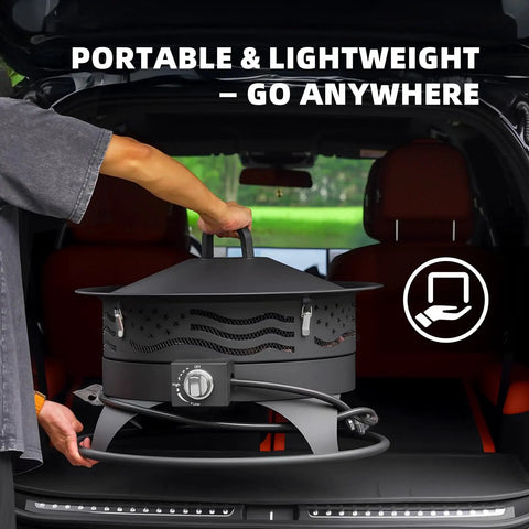24 Inch Portable Propane Fire Pit With Grill, 60,000 BTU Smokeless Outdoor Gas Firepit being loaded into car