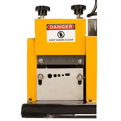 Close-up of WRA20 Wire Stripping Machine Pro Grade Benchtop Auto Driven With Five Extra Cutting Wheels Strips 5 Mm To 13 Mm