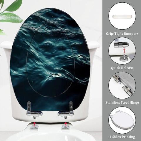 Toilet Seat Elongated Resin for Bathroom featuring water-like design, stainless steel hinges, and grip-tight bumpers.
