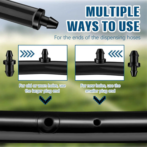 Drip Irrigation Hole Punch Tool For One Quarter Inch Fittings With 50 Goof Plugs End Caps showing usage on tubing with plug options