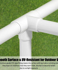 Close-up of Four Pack One And A Half Inch PVC Elbow Fittings Four Way Cross Heavy Duty Furniture Grade Pipe Connector in outdoor setup.