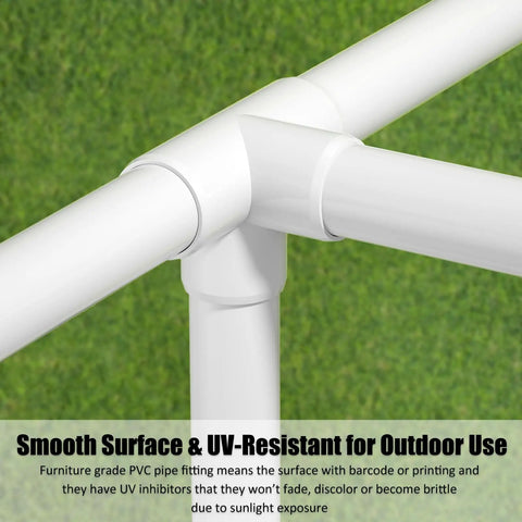 Close-up of Four Pack One And A Half Inch PVC Elbow Fittings Four Way Cross Heavy Duty Furniture Grade Pipe Connector in outdoor setup.