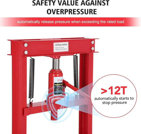 Close-up of 12 Ton Hydraulic Shop Press H Frame With Movable Plates And Adjustable Height Heavy Duty Bearing And Bushing Press For Metalworking