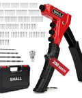 One Handed Rivet Gun Kit With 200 Pop Rivets And 4 Interchangeable Nosepieces 4 HSS Drill Bits Carrying Case For Auto Body Furniture And Sheet Metal Repair DIY Friendly Pro Grade showing contents in case