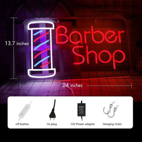 Lit Barber Shop Neon Sign For Wall Decor LED Neon Lights Red Blue White 24 By 13.8 Inch Indoor Display with power adapter and chain