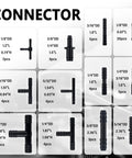 Connectors for Six Piece Five Foot Silicone Vacuum Hose Kit, various sizes in black, showing dimensions and quantities for auto use