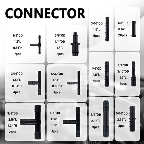 Connectors for Six Piece Five Foot Silicone Vacuum Hose Kit, various sizes in black, showing dimensions and quantities for auto use
