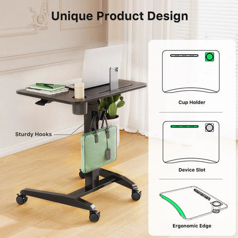 Height Adjustable Rolling Laptop Desk With Cup Holder And Wheels 27 Inch Portable Sit Stand Workstation On Pneumatic Lift Ergonomic Curved Desktop For Comfortable Working Black, showing unique design features like sturdy hooks, device slot, and ergonomic edge.
