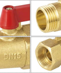 Solid Brass 1/2 Inch Full Port Ball Valve For No Sweat Water Control And Heavy Duty Plumbing Or Garden Hose Lines With Rust Proof Build and Smooth Ergonomic Red Handle close-up of the lever and threads.