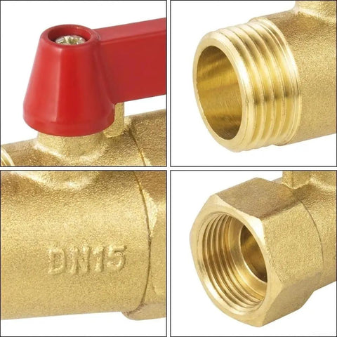 Solid Brass 1/2 Inch Full Port Ball Valve For No Sweat Water Control And Heavy Duty Plumbing Or Garden Hose Lines With Rust Proof Build and Smooth Ergonomic Red Handle close-up of the lever and threads.