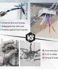 Comparison of Multifunctional Wire Twister Tool Set for Drill and traditional methods with images showing wire connections and safety icons.