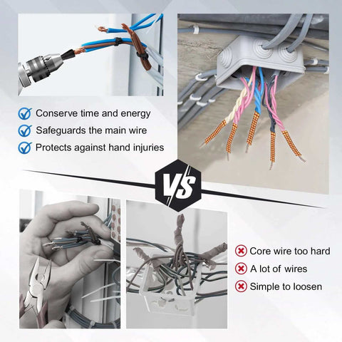 Comparison of Multifunctional Wire Twister Tool Set for Drill and traditional methods with images showing wire connections and safety icons.