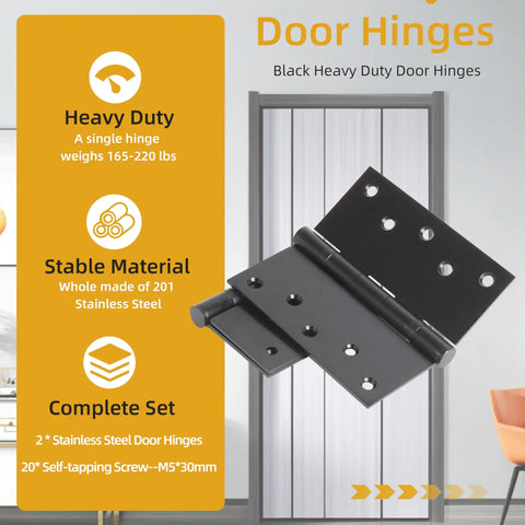 5 Inch by 5 Inch Heavy Duty Door Hinges That Hold Up to 220 Lbs with 20 Screws, Square Corner Design, Rugged Steel Construction for Interior and Exterior Doors, Easy Install, Smooth Operation, Maximum Bearing Strength. Black 201 stainless steel hinges