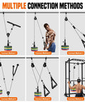 Dual Pulley Weight Cable System For Home Gym Upgrade with multiple connection methods shown in six panels, featuring pulleys and attachments.