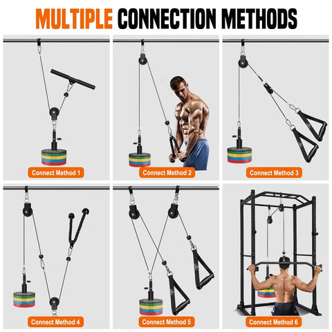 Dual Pulley Weight Cable System For Home Gym Upgrade with multiple connection methods shown in six panels, featuring pulleys and attachments.