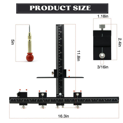 Cabinet Hardware Jig Aluminum Template Tool For Fast And Accurate Handle And Pull Installations Black Durable Aluminum Alloy Cabinet Jig For DIY Builders And Pros with size dimensions marked