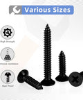 Hella Durable Number 10 X 1 Inch Flat Head Sheet Metal And Wood Screws, Black Stainless Steel 18 8 Corrosion Resistant Self Tapping Fasteners, Rock Solid 100 Pack Hardware For Serious DIY Projects with a variety of sizes displayed.