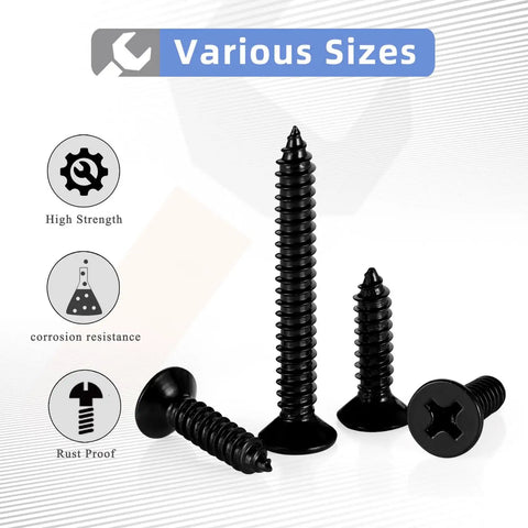 Hella Durable Number 10 X 1 Inch Flat Head Sheet Metal And Wood Screws, Black Stainless Steel 18 8 Corrosion Resistant Self Tapping Fasteners, Rock Solid 100 Pack Hardware For Serious DIY Projects with a variety of sizes displayed.