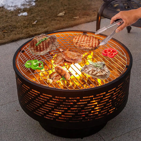 26 Inch Wood Burning Fire Pit Table With Grill And Lid For Backyard BBQs And Bonfire Nights, grilling meats and vegetables