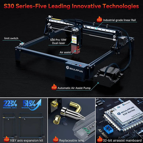S30 Pro Max Laser Engraver 20W With Full Air Assist Kit for precise cutting, showcasing components like air assist and linear rail.