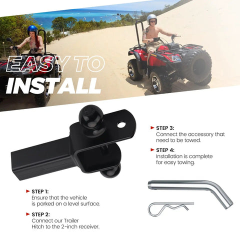 Dual Ball Trailer Hitch Receiver For ATV UTV With 5000 Lbs GTW Three In One Multi Hitch Includes 2 Inch And 1 7 8 Inch Balls Fits 2 Inch Receiver Rise 1 Inch Beefed Up Heavy Duty Towing Mount With Pin, installed on ATV