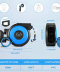 Retractable Garden Hose Reel Wall Mount with 90 ft 5/8 inch hose, auto rewind, 180 degree swivel, and 10 function sprayer, blue