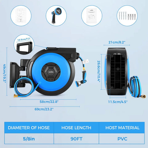 Retractable Garden Hose Reel Wall Mount with 90 ft 5/8 inch hose, auto rewind, 180 degree swivel, and 10 function sprayer, blue