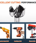Top Tier Forstner Drill Bit Set 1 1/4 Inch And 32 Mm Polished Carbon Steel Woodworking showing cutting performance with drill types.