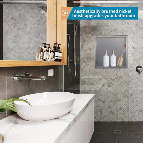 Shower Niche Organizer In Brushed Stainless Steel, Recessed Caddy And Bathroom Shelf Insert For 14-3/4 Inch Square Wall Hole, Rustproof 304 Stainless, Seamless Weld, Nickel Finish For Wet Rooms