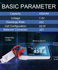 7.4V 450mAh 2S LiPo Battery Pack 25C 50C JST Plug For Emax Babyhawk Heli 250 Micro FPV Drone specification details