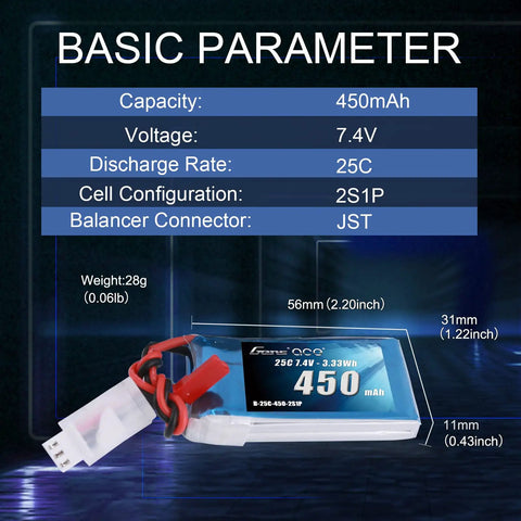 7.4V 450mAh 2S LiPo Battery Pack 25C 50C JST Plug For Emax Babyhawk Heli 250 Micro FPV Drone specification details