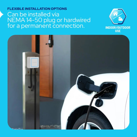 BreezEV Beefy 48 Amp Level 2 EV Charger with NEMA 14-50 plug connected to EV, wall-mounted, showcasing flexible installation.