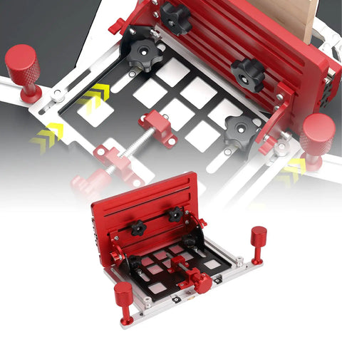 Heavy Duty Adjustable Table Saw Push Block With No Slip Vertical Grip Aluminum Alloy Featherboard Backer showing adjustable clamp and grips.